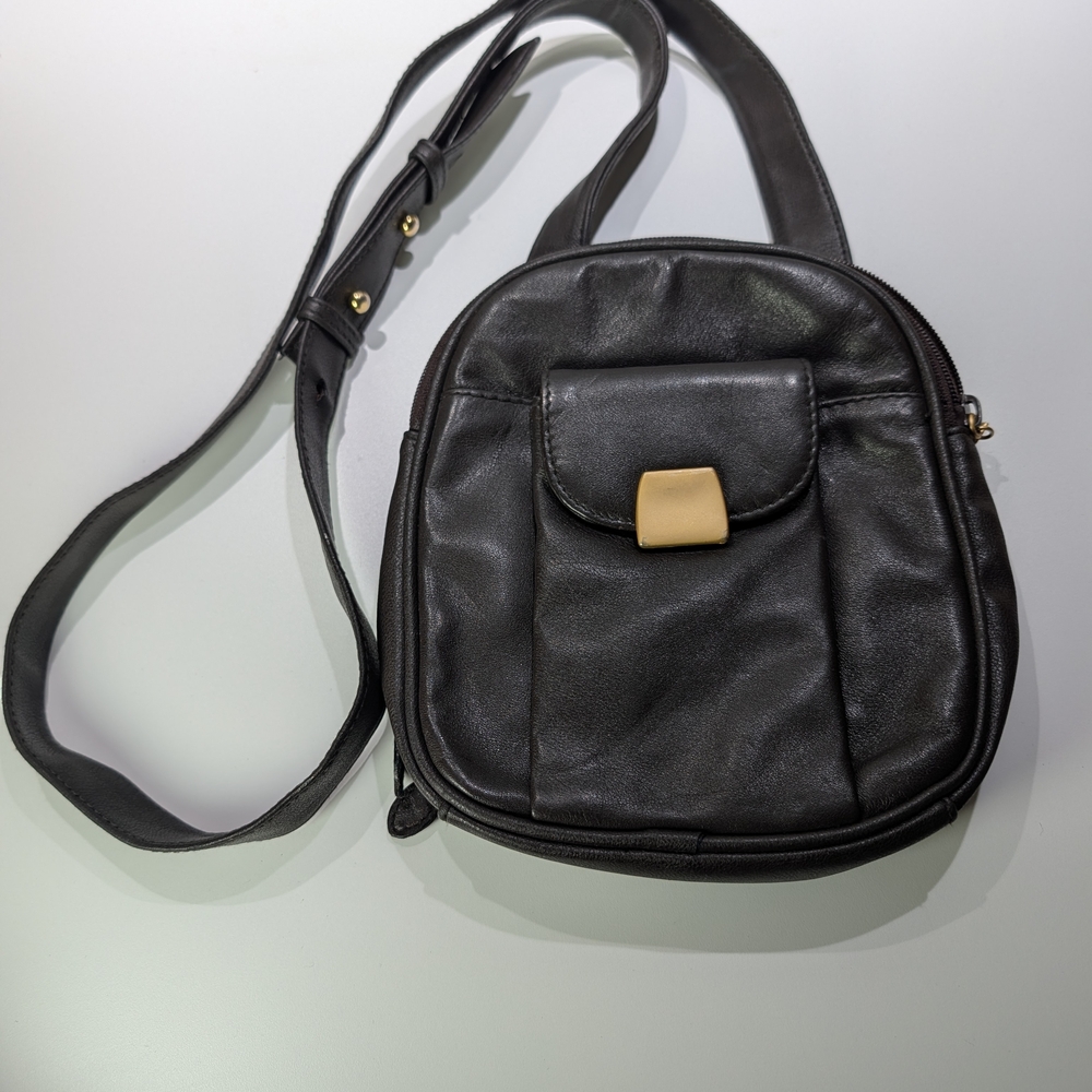 Compact Brown Leather Crossbody with Gold-Tone Closure